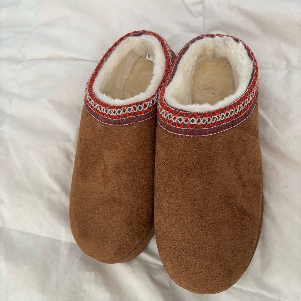 Cozy Brown Suede Slippers with Red Trim